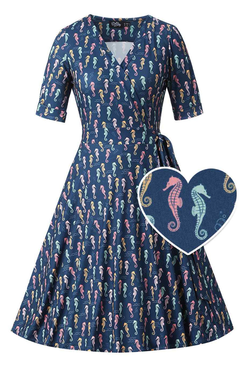 Front view of Navy Blue Seahorse Wrap Dress