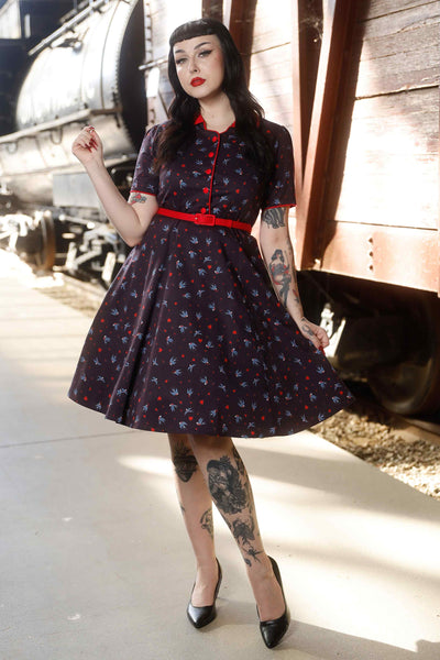 Front view of model wearing Navy Blue Swallow Shirt Dress