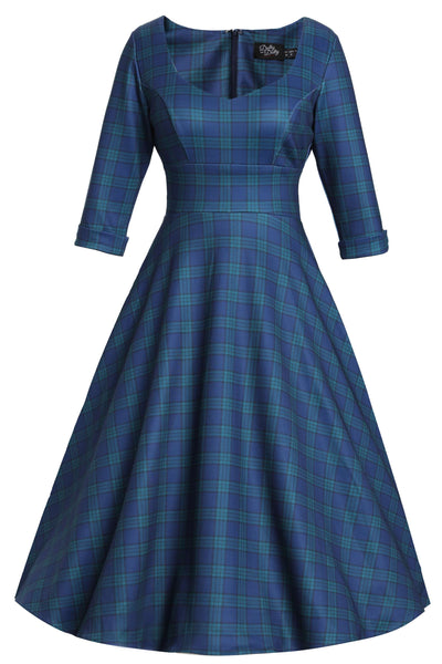 Front view of Navy Blue Tartan Midi Dress