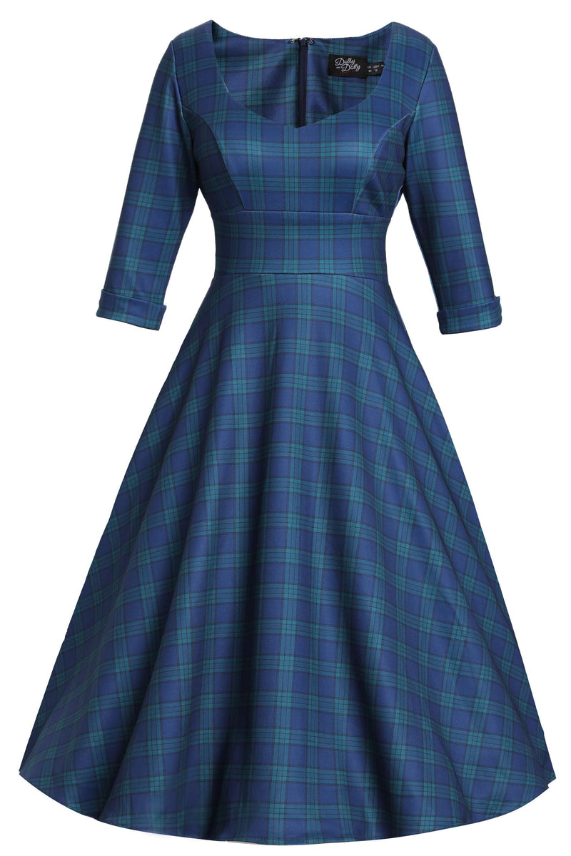 Front view of Navy Blue Tartan Midi Dress