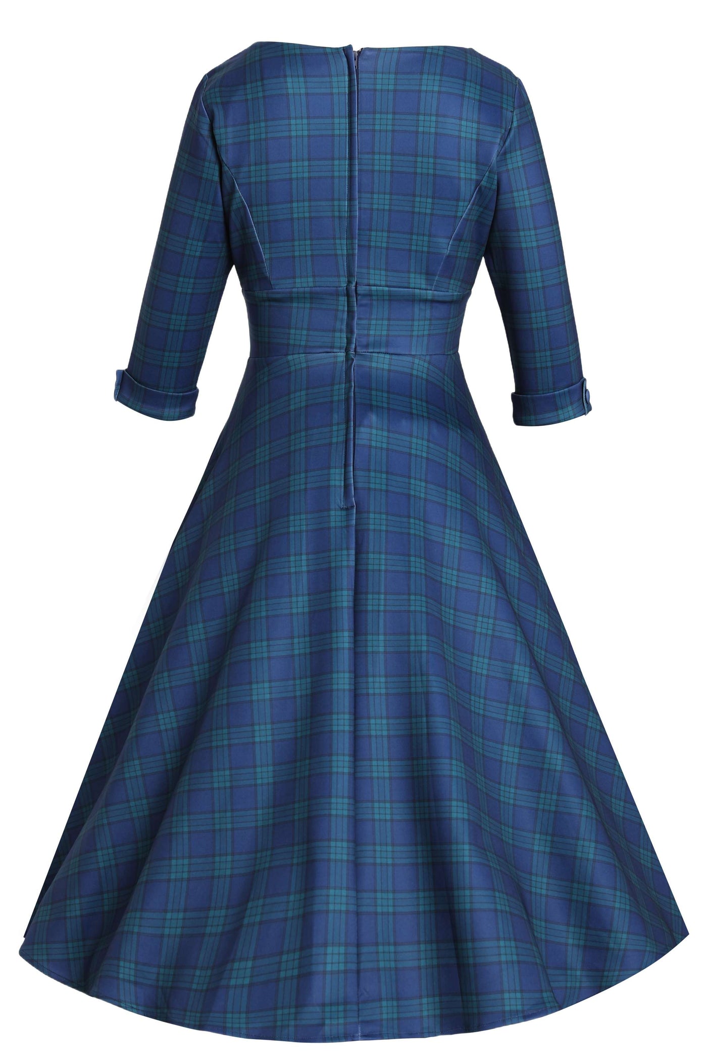 Back view of Navy Blue Tartan Midi Dress