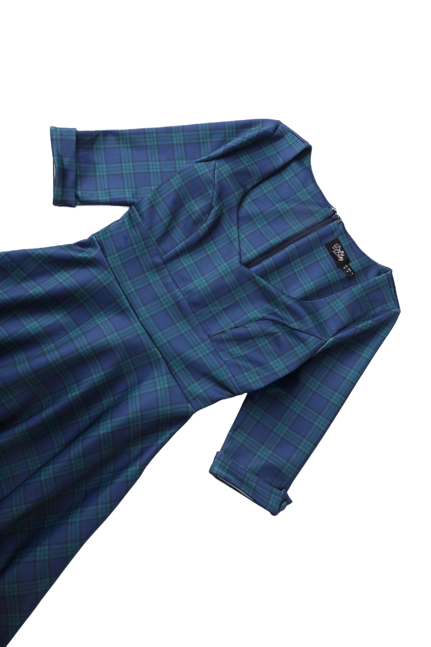 Close up view of Navy Blue Tartan Midi Dress