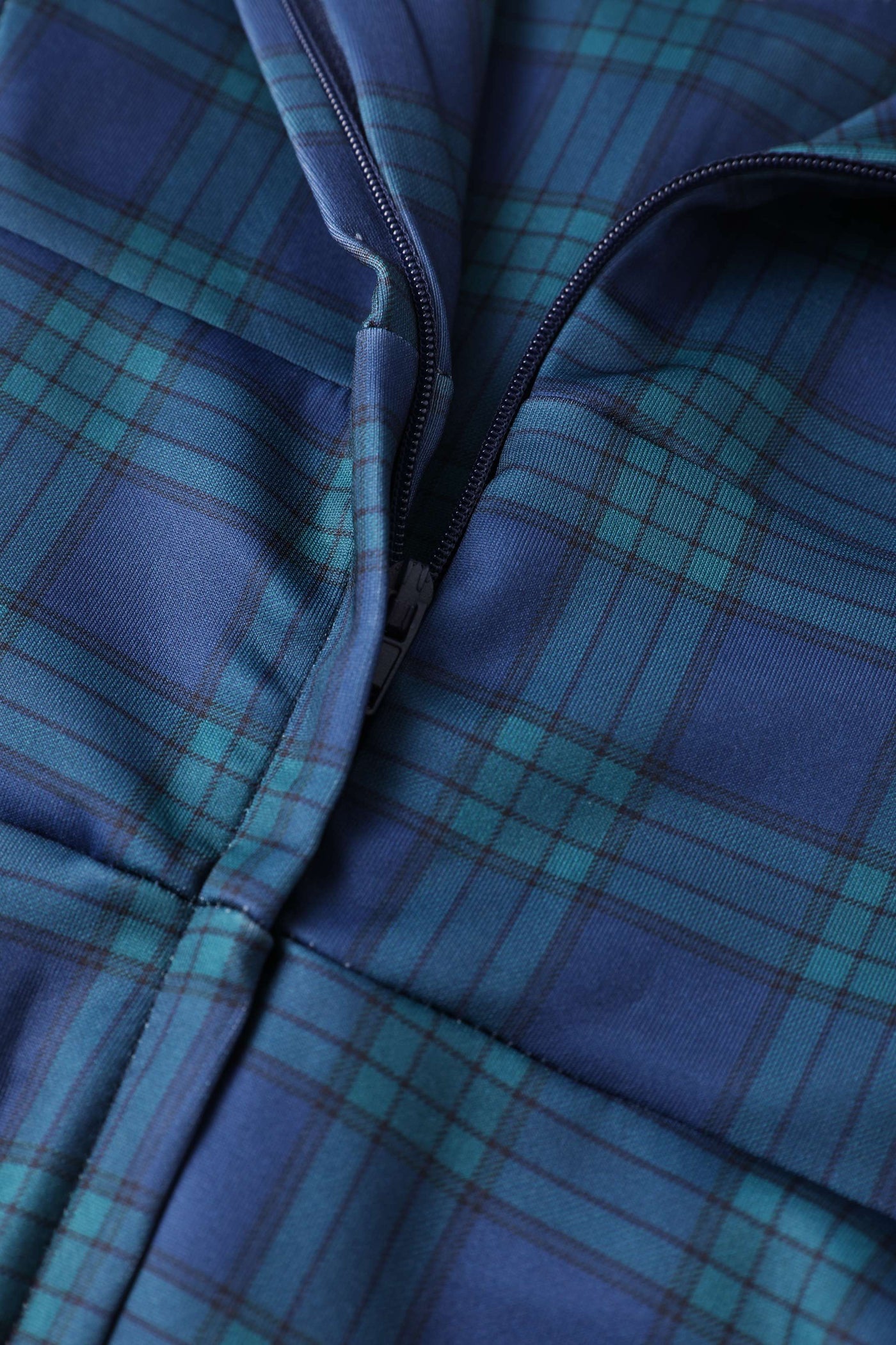 Zipper of Navy Blue Tartan Midi Dress
