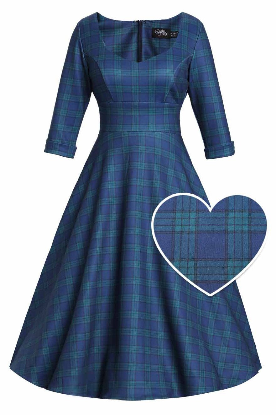 Front view of Scarlette Navy Blue Tartan Midi Dress