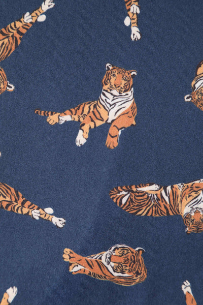 Close up view of Navy Blue Tiger Print Wrap Dress