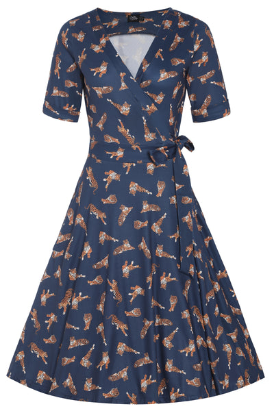 Front View of Navy Blue Tiger Print Wrap Dress