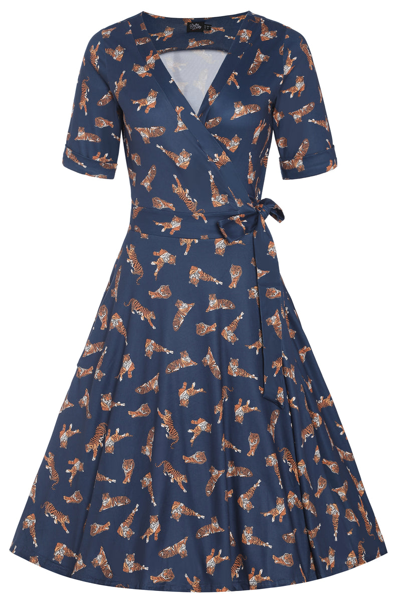 Front View of Navy Blue Tiger Print Wrap Dress