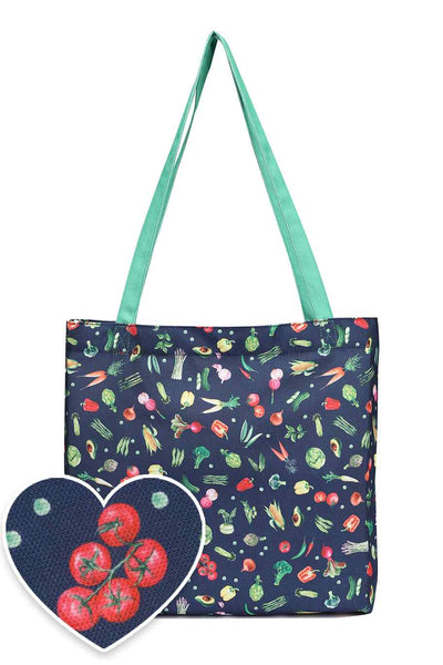 Navy Blue Vegetable Print Shopping Tote Bag