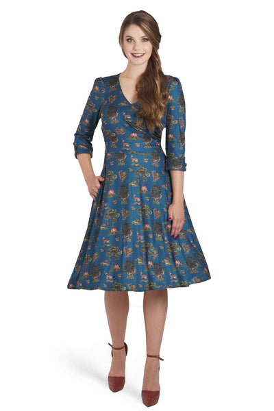 Model photo of Navy Deer Forest Long Sleeved Dress