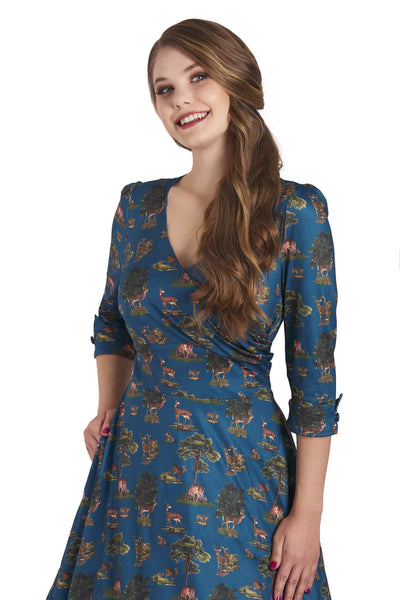 Model photo of Navy Deer Forest Long Sleeved Dress