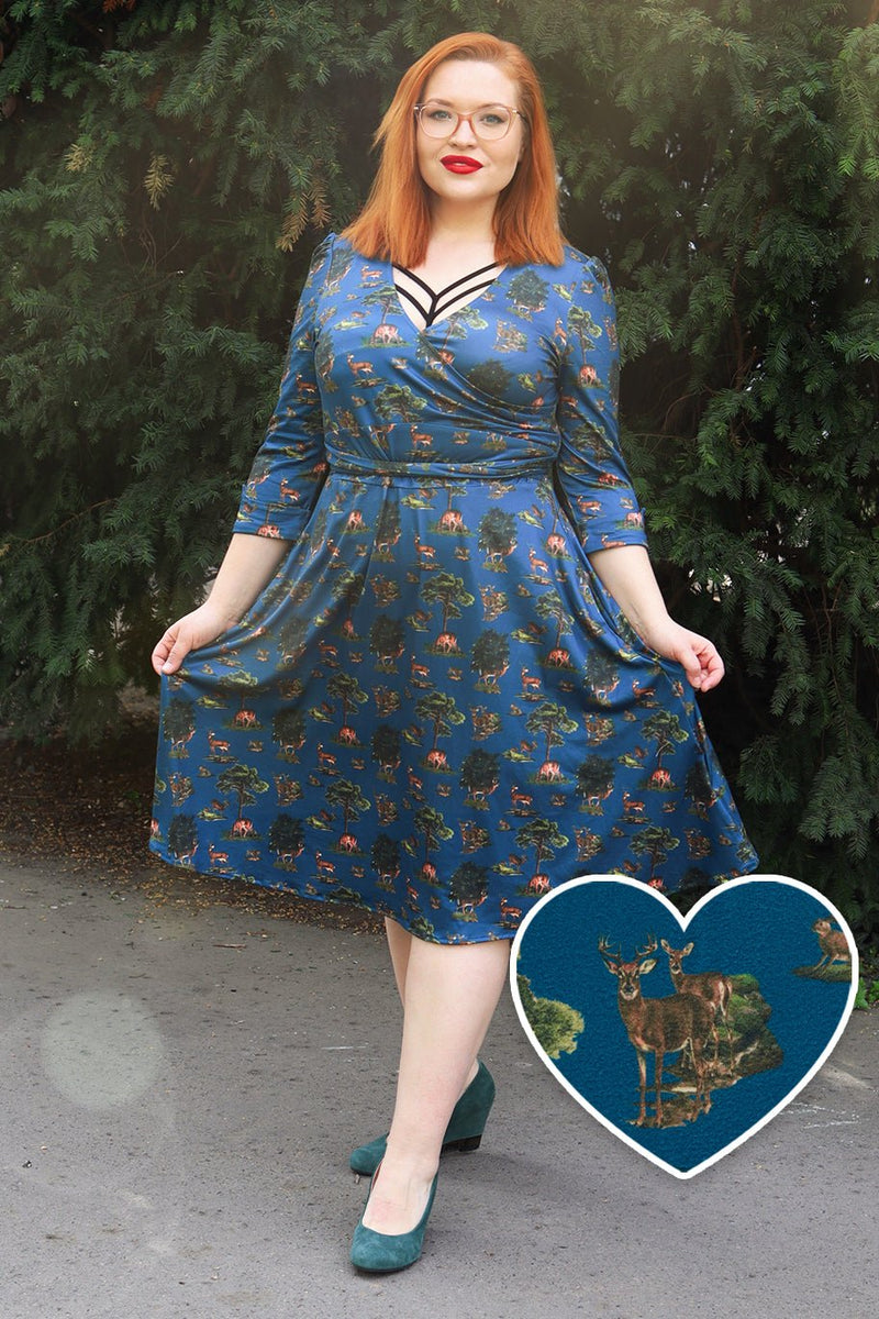 Navy Deer Forest Long Sleeved Dress