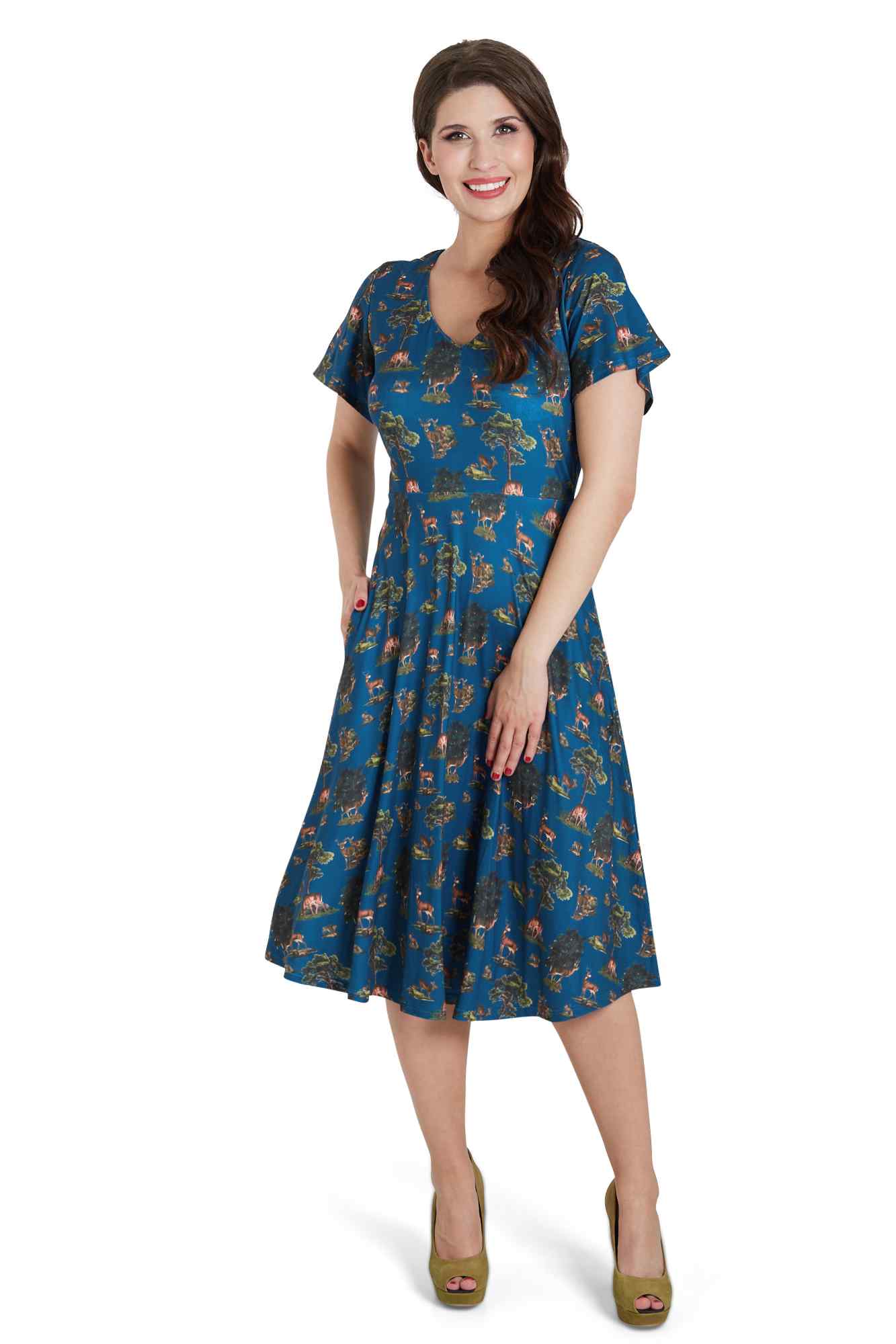 A model wearing Navy Deer Short Sleeved Dress