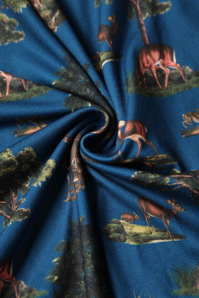 Close up view of Navy Deer Short Sleeved Dress