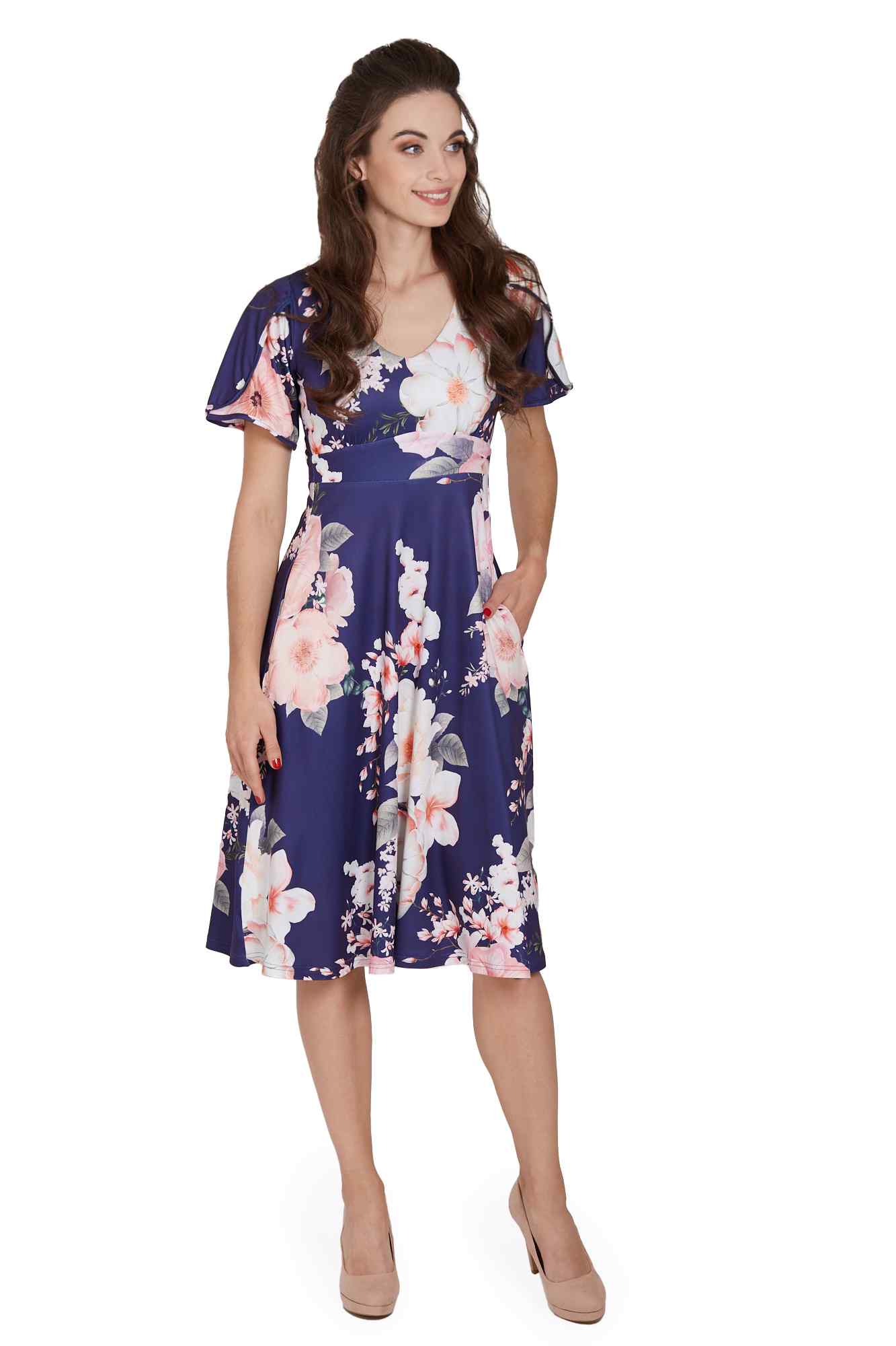 Model wearing  Navy Floral Petal Sleeve Tea Dress