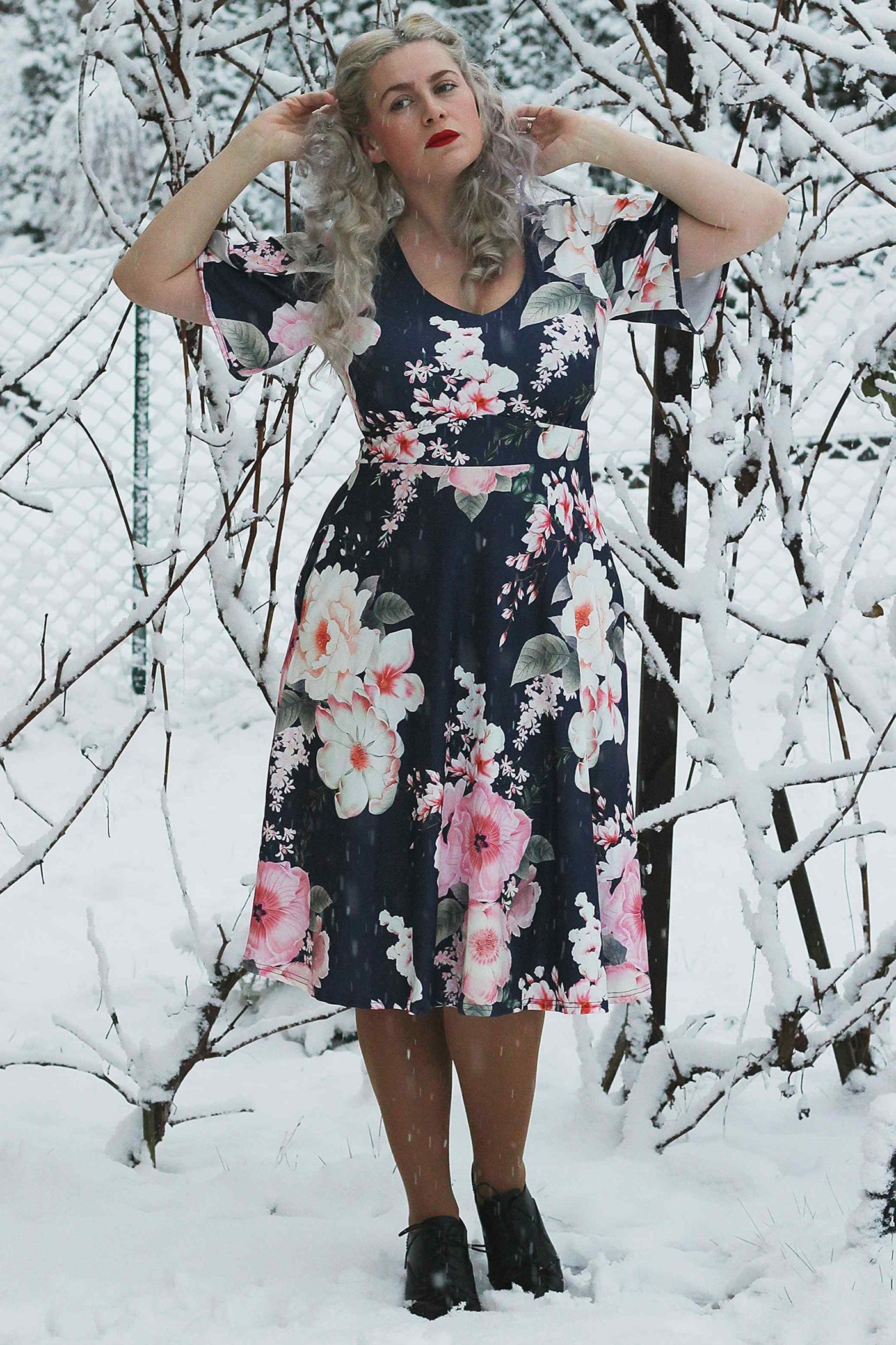 Navy Floral Petal Sleeve Dress