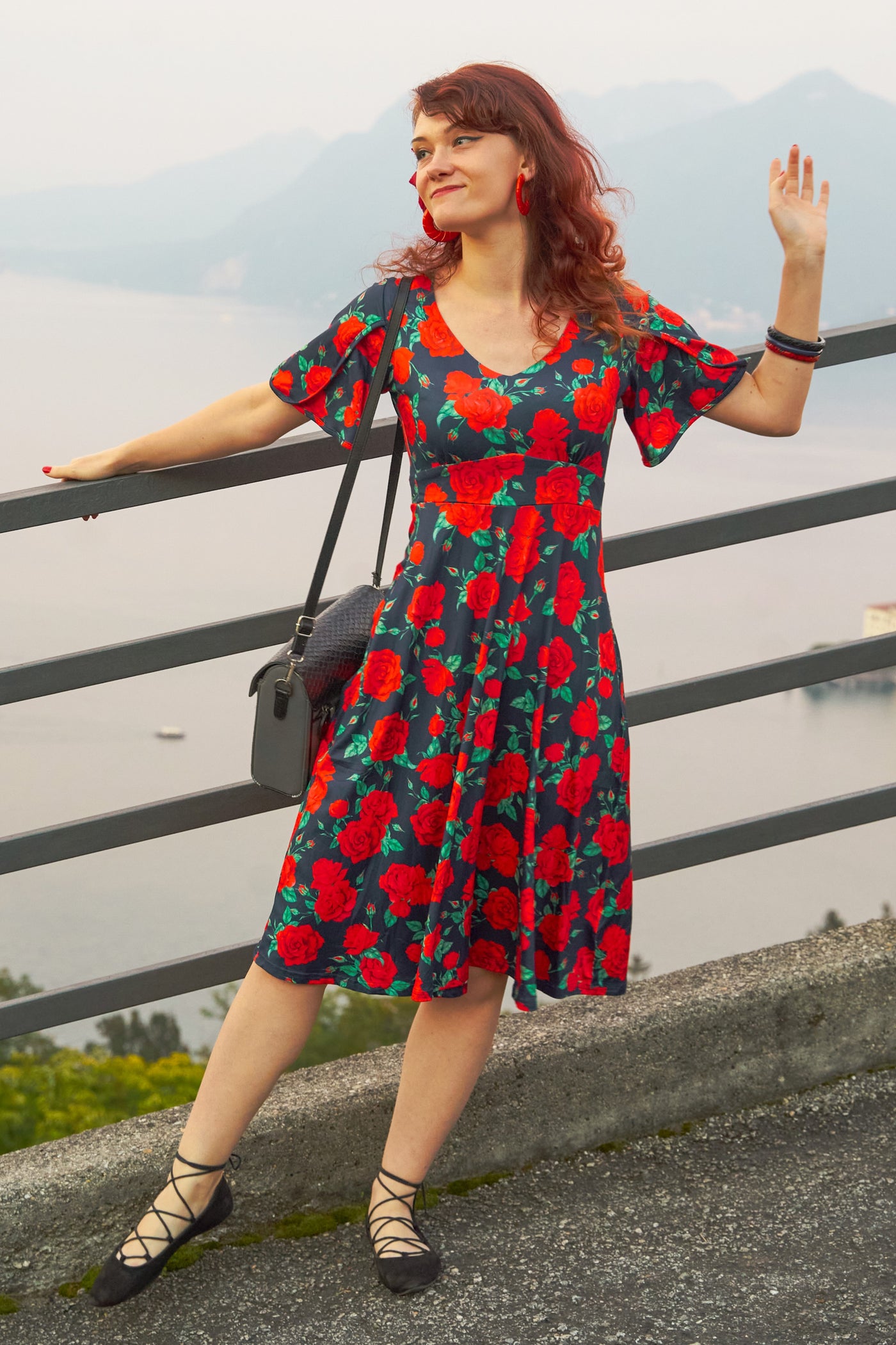 Navy Rose Petal Sleeved Flared Dress