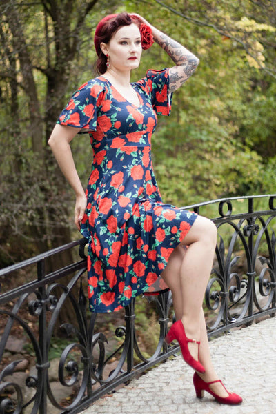 Navy Rose Petal Sleeved Flared Dress