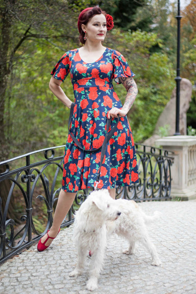 Navy Rose Petal Sleeved Flared Dress