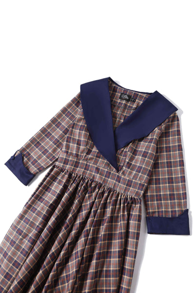 Close up view of Navy Tartan Coat Dress