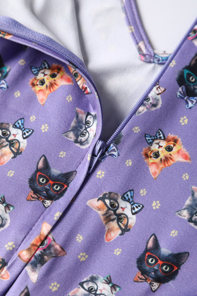 Close up view of Purple Nerdy Cat Long Sleeved Dress