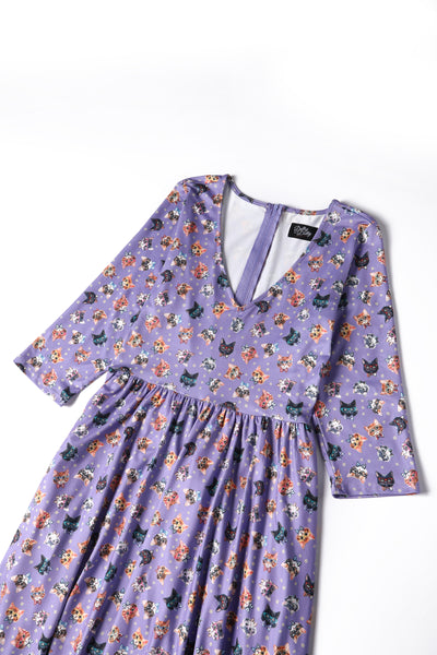 Close up view of Purple Nerdy Cat Long Sleeved Dress