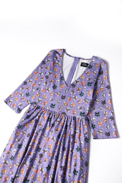 Close up View of Nerdy Cat Long Sleeved Dress in Purple