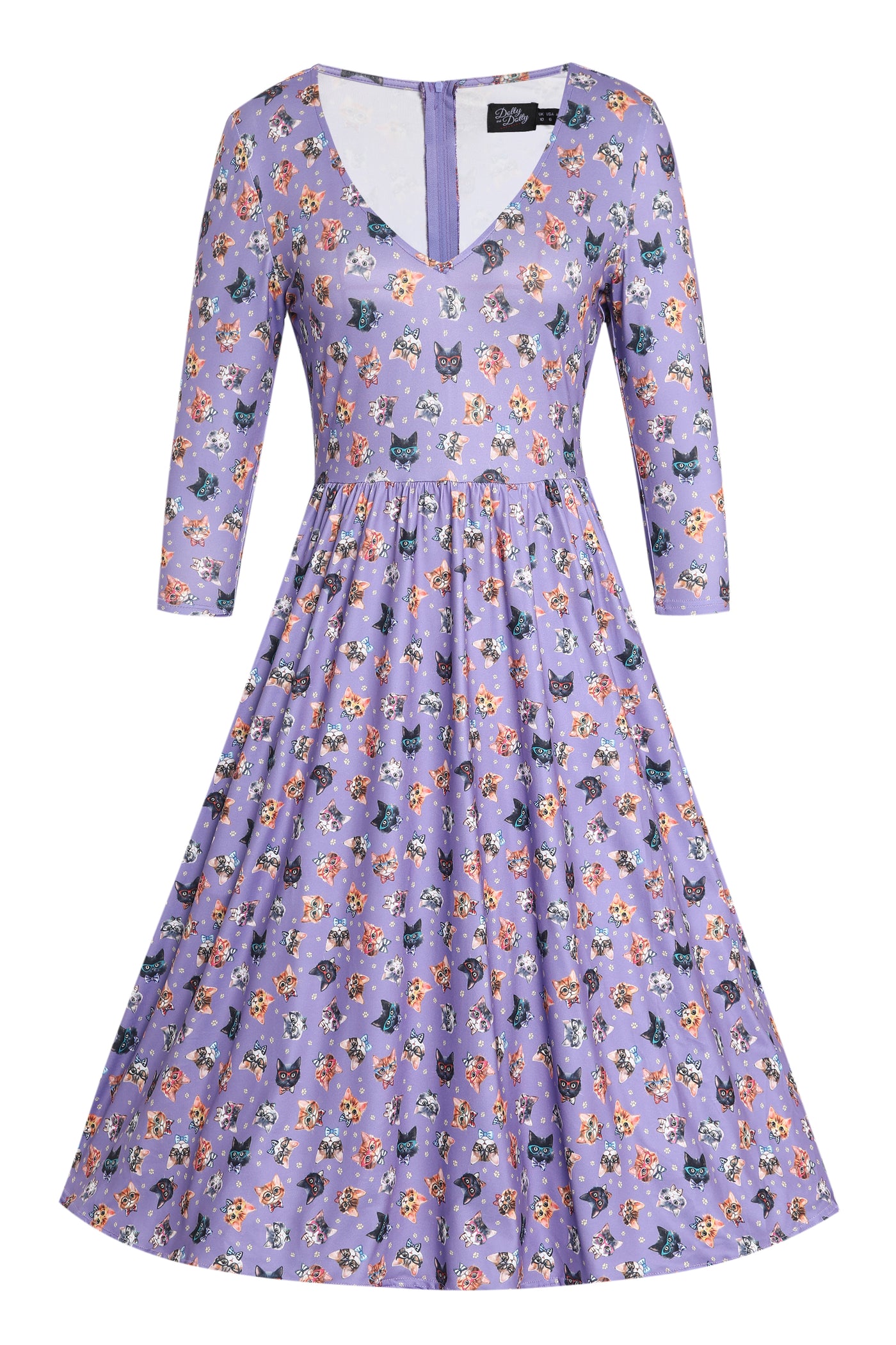 Front View of Nerdy Cat Long Sleeved Dress in Purple