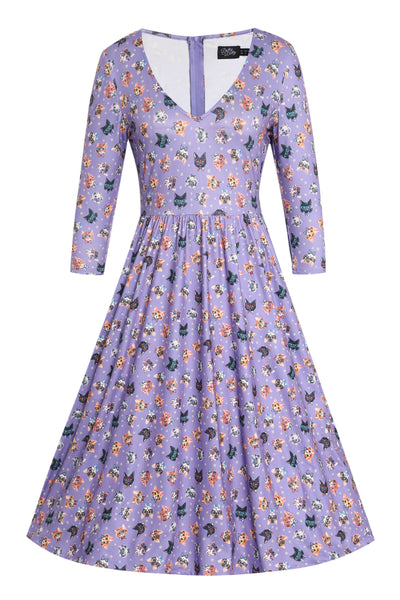 Front view of Purple Nerdy Cat Long Sleeved Dress