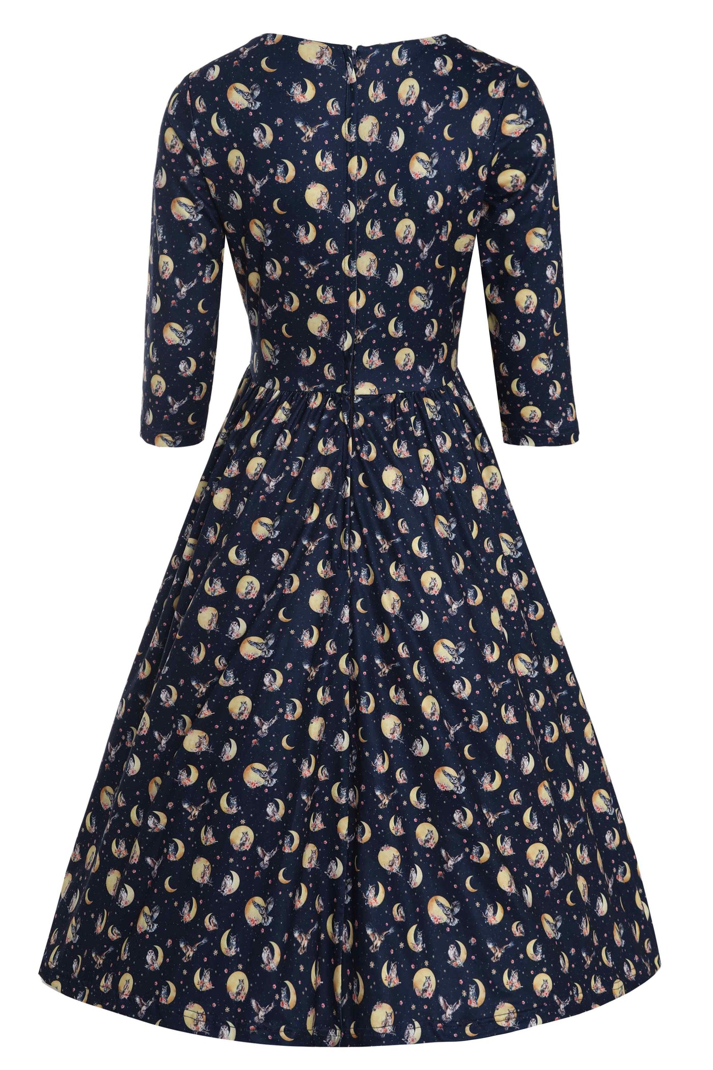 Back view of  Night Owl Print Dress in Navy Blue