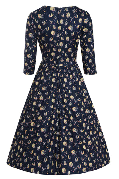 Back view of  Night Owl Print Dress in Navy Blue