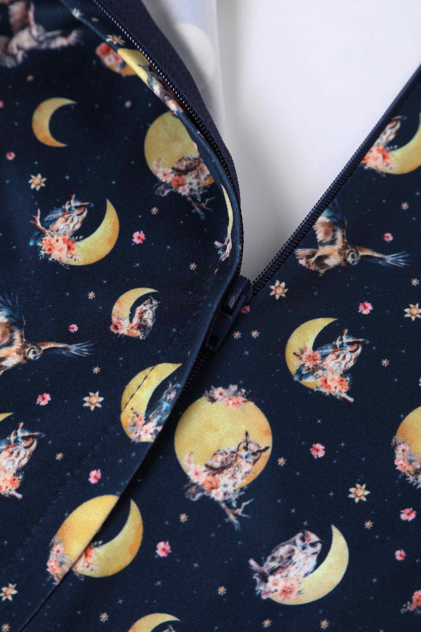 Close up view of  Night Owl Print Dress in Navy Blue