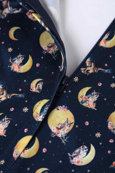 Close up view of  Night Owl Print Dress in Navy Blue