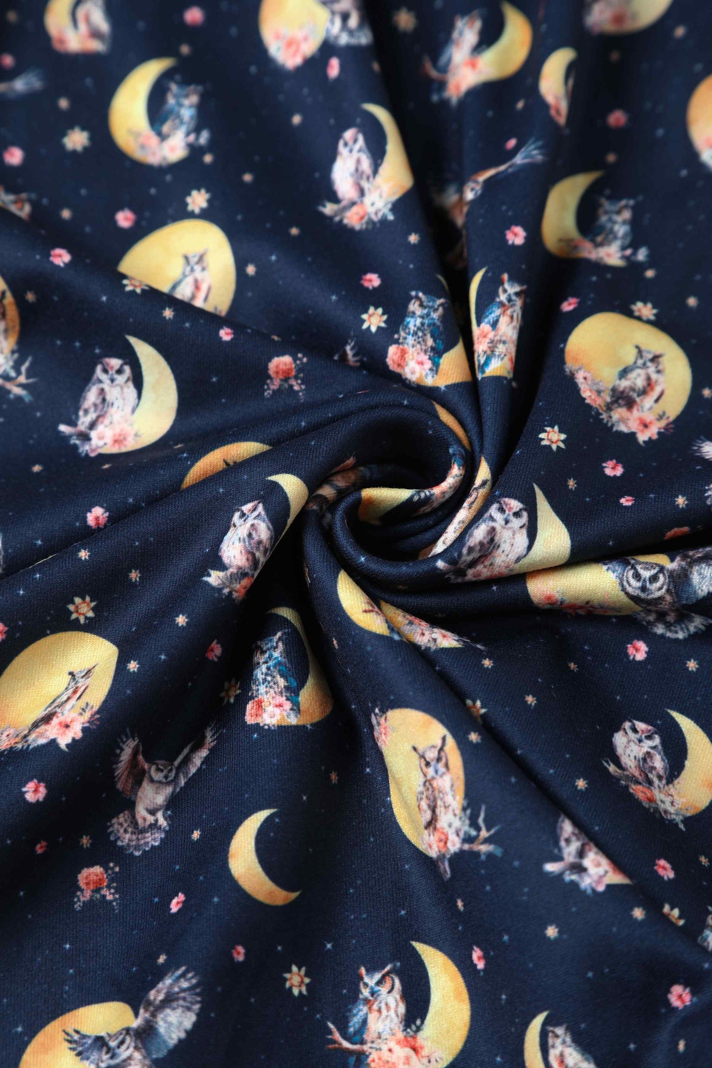 Close up view of  Night Owl Print Dress in Navy Blue