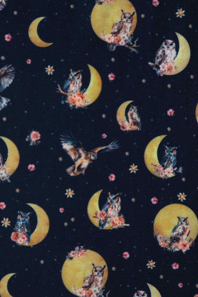 Close up view of  Night Owl Print Dress in Navy Blue
