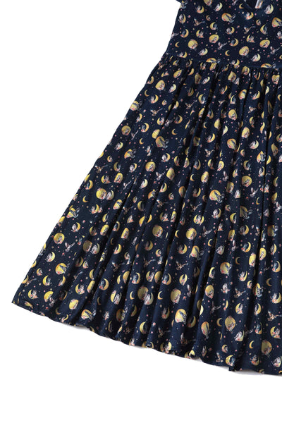 Close up view of  Night Owl Print Dress in Navy Blue