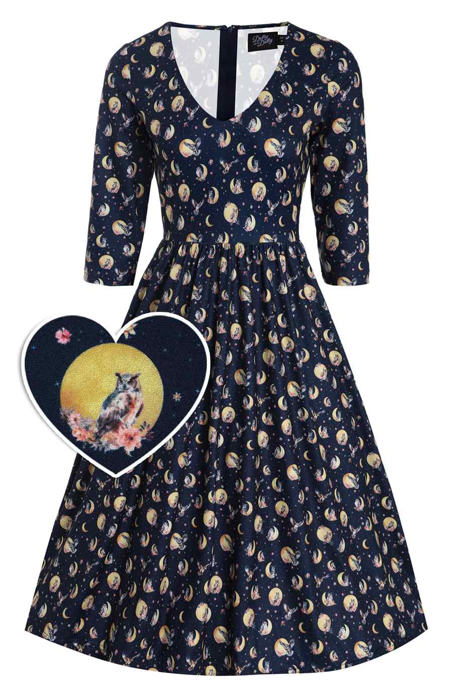 Front view of  Night Owl Print Dress in Navy Blue