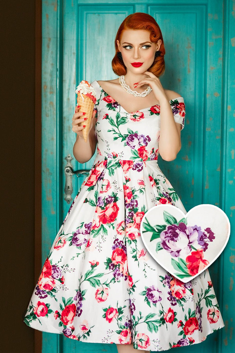 Lily Off Shoulder 50s Pleated Dress in White/Pink Floral Lily Off Shoulder 50s Pleated Dress in White/Pink Floral