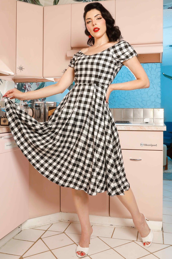 Off Shoulder Black Gingham Check Circle Dress Off Shoulder Black Gingham Check Circle Dress