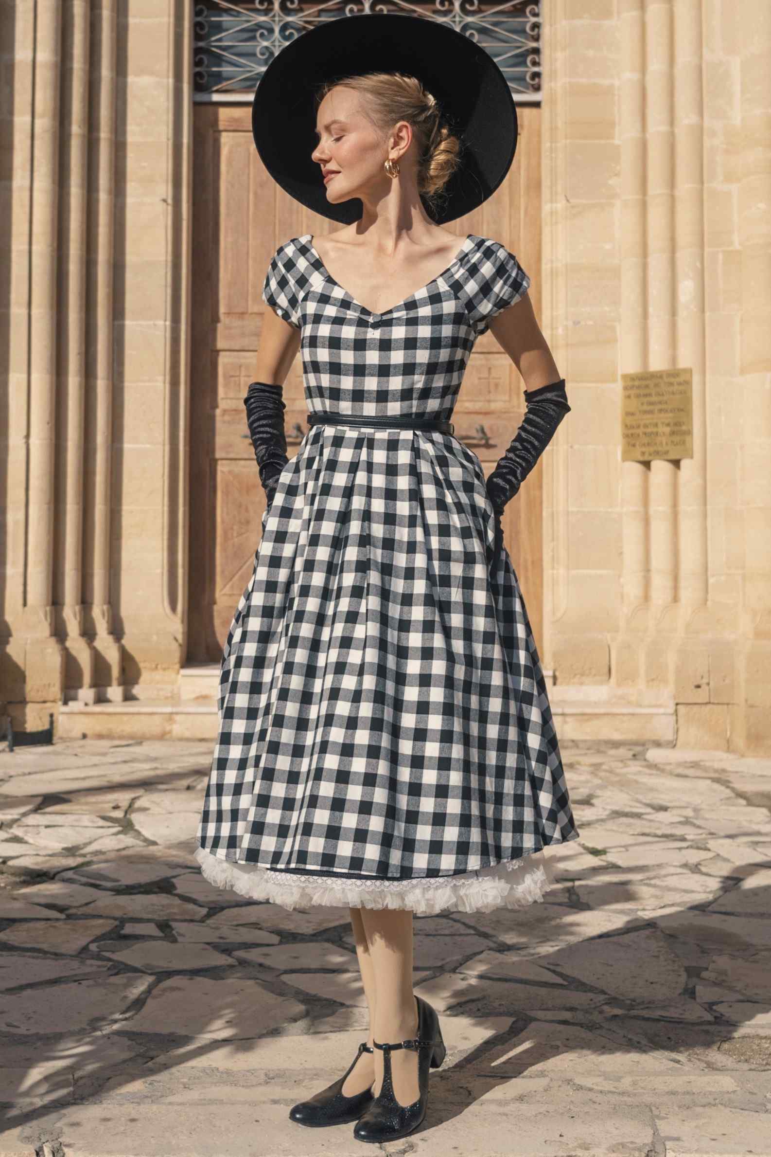 black check dress Off Shoulder Gingham Circle Floral Black Rayon Dress: catching element EricNov8 Size:us-2
