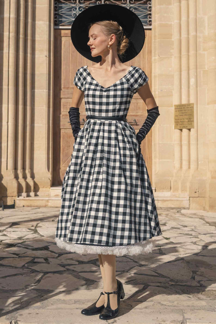 Off Shoulder Black Gingham Check Circle Dress