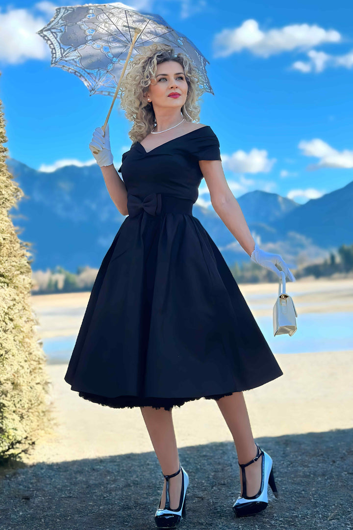 black off the shoulder swing dress Lily off Shoulder Black Swing Dress