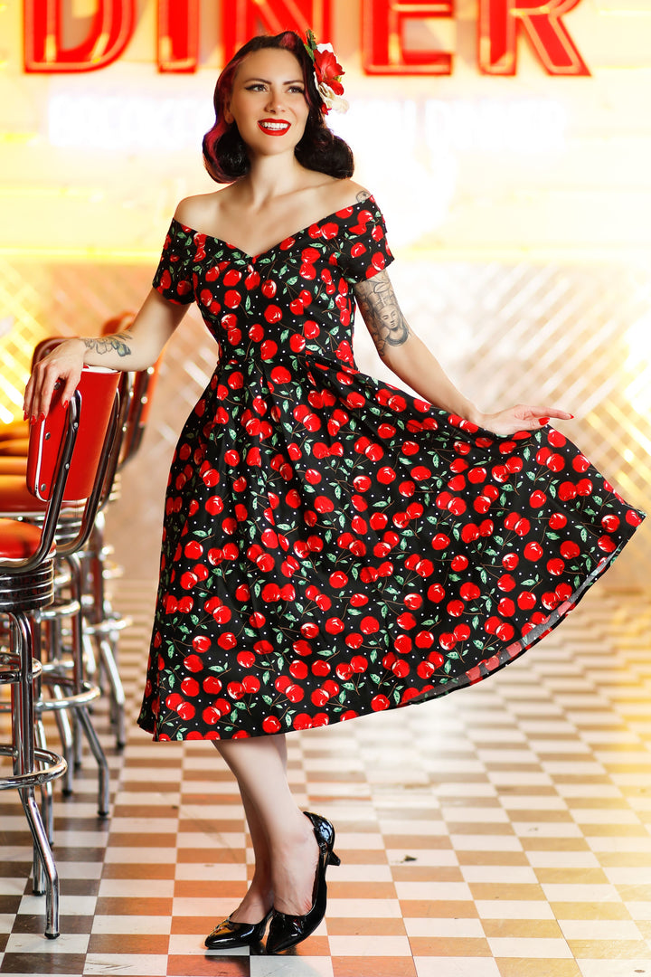 Lily Off Shoulder Cherry Swing Dress - Dolly and Dotty