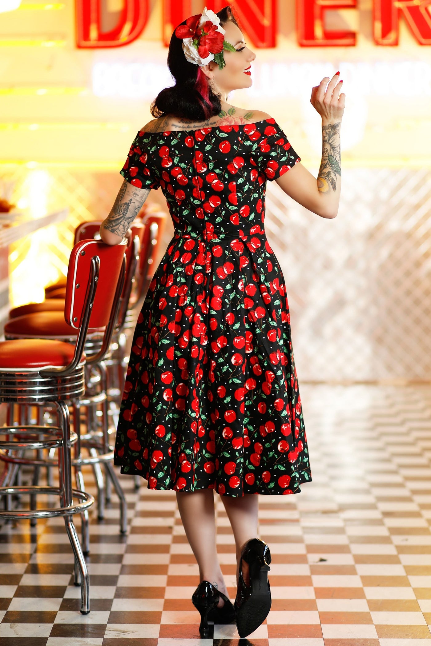  Off Shoulder Cherry Swing Dress