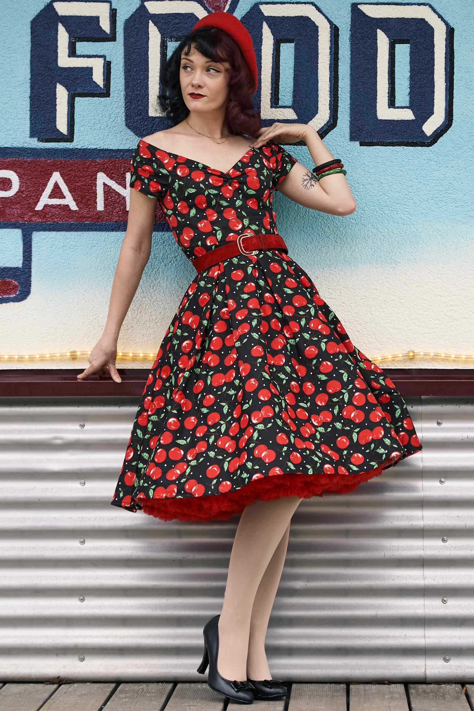 Lily Off Shoulder Cherry Swing Dress - Dolly and Dotty