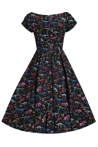 Black Off Shoulder Womens Dress In Glow in the dark Dinosaur Skeletons Print - Back