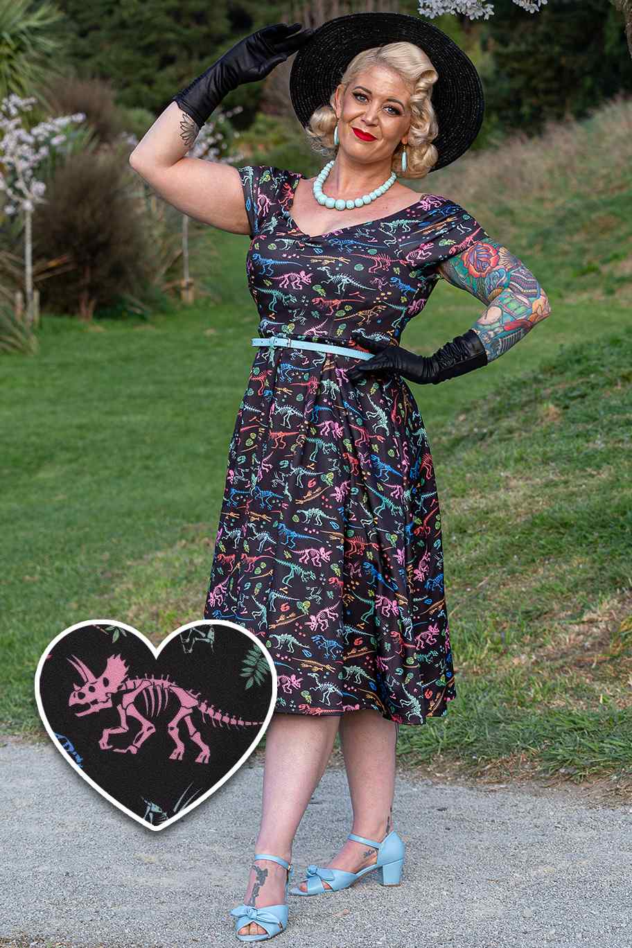 Off Shoulder Circle Dress In Black Dinosaur Fossils
