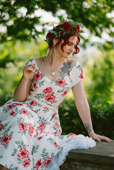 Off Shoulder Floral Swing Dress In White