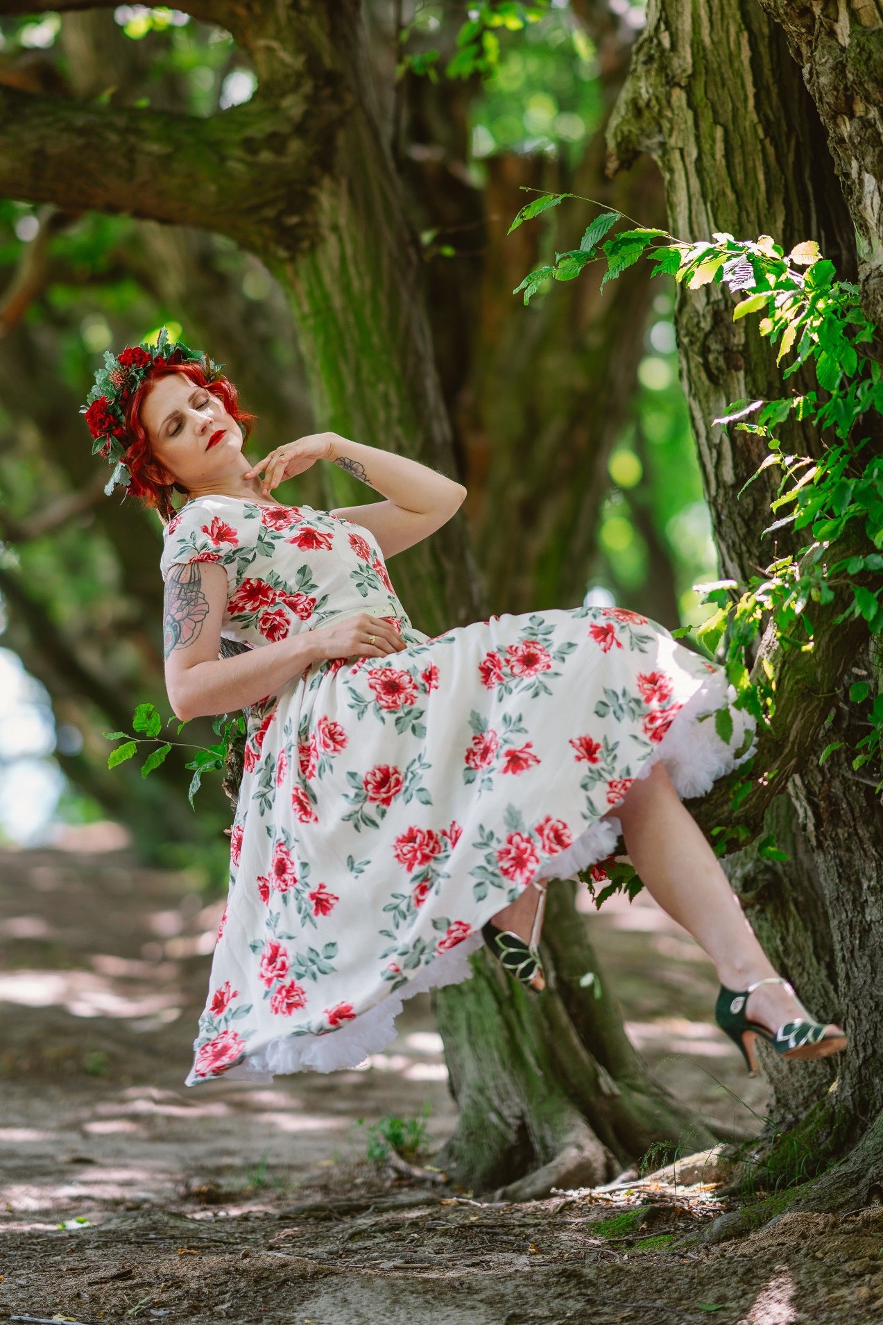 Off Shoulder Floral Swing Dress In White