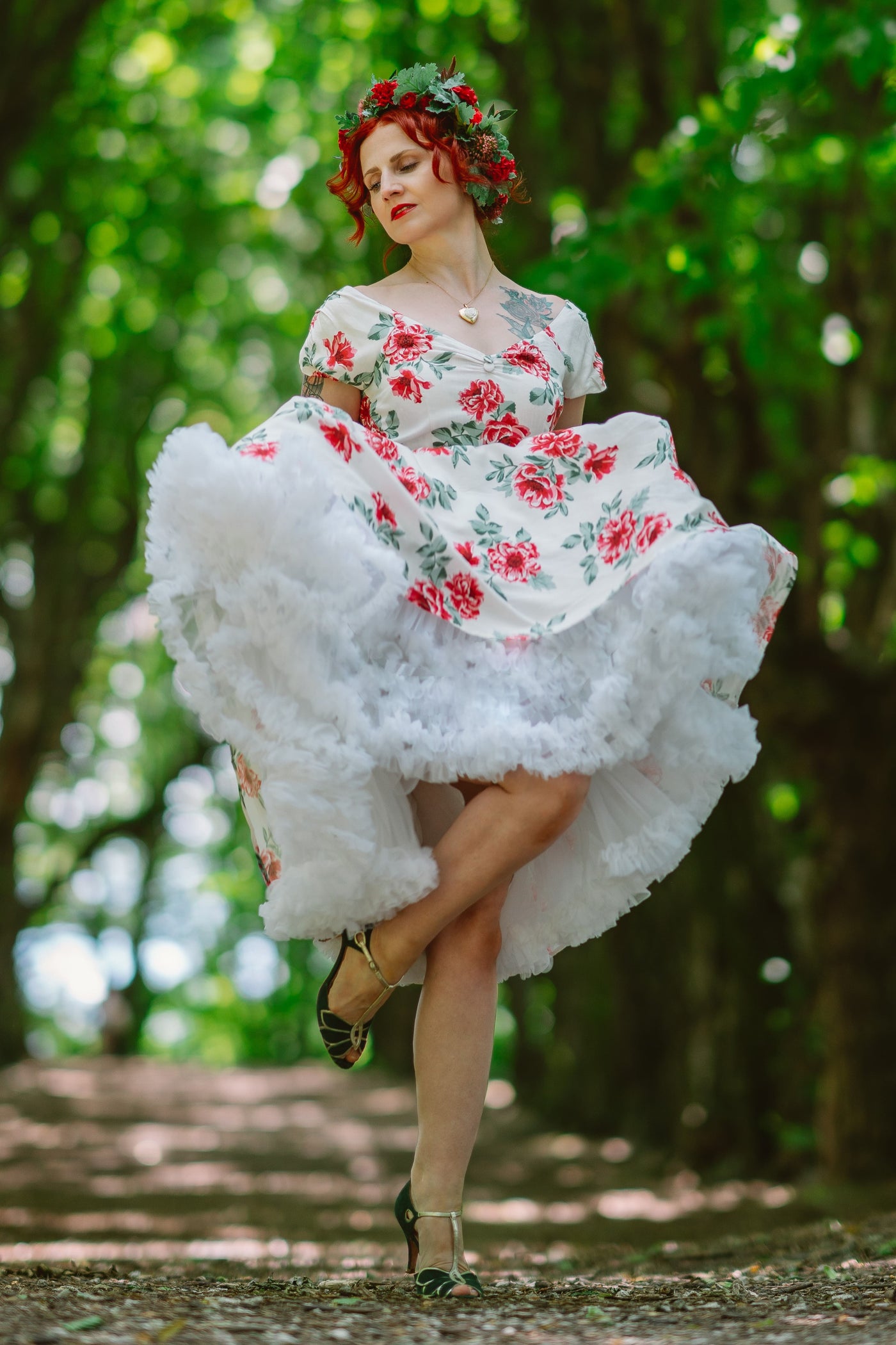 Off Shoulder Floral Swing Dress In White