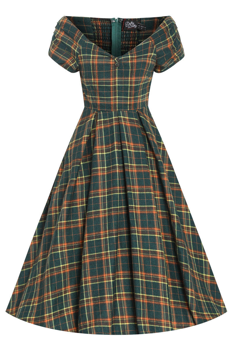 Winter Off Shoulder Green Tartan Check Circle Dress Winter Off Shoulder Green Tartan Check Circle Dress